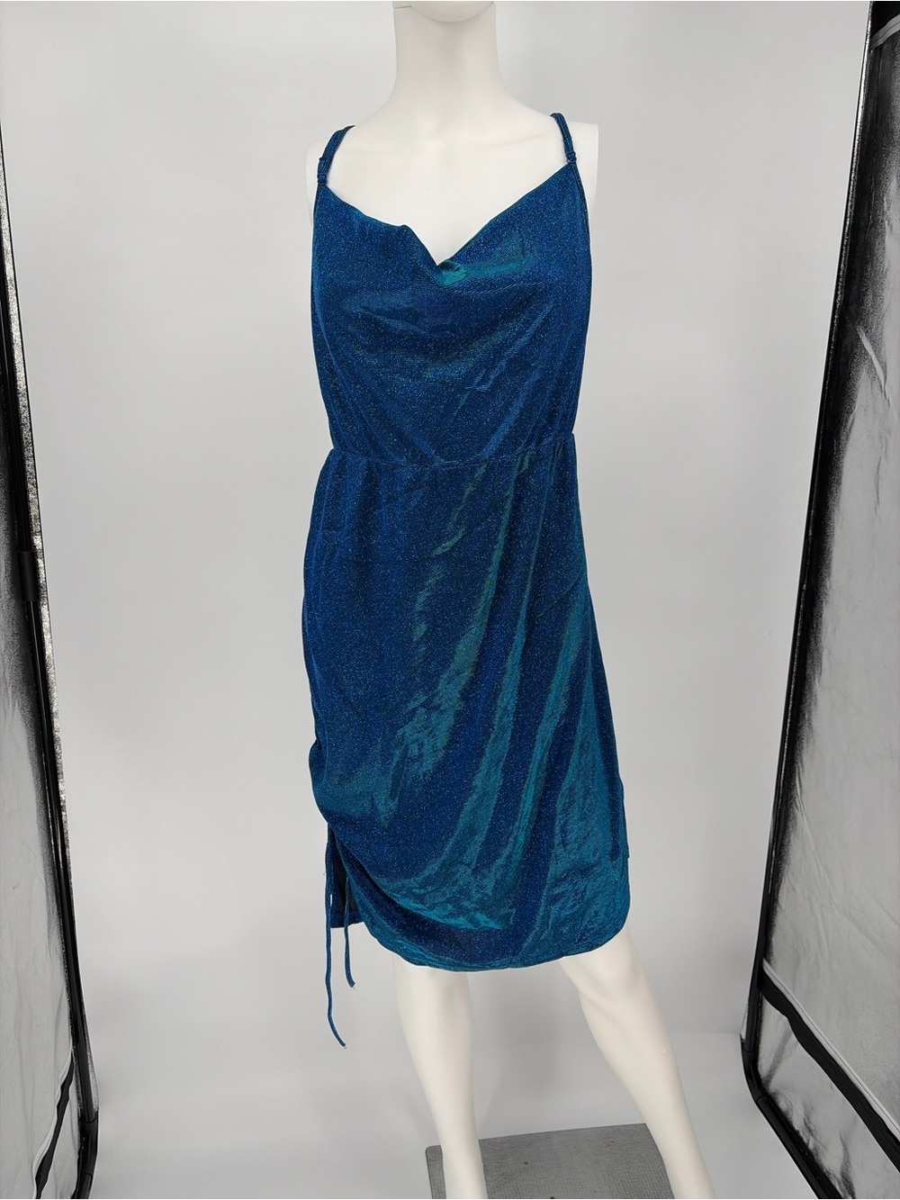 SHEIN Teal Blue Shimmer Cowl Neck Slip Dress